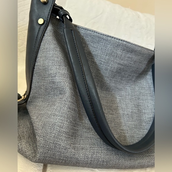 Anthropologie Blue Fabric and Leather Look Handbag with Metal Detail - Picture 7 of 9